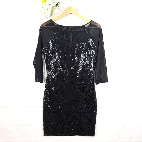 Black Sequined Half Sleeve Boat Neck Mini Dress
